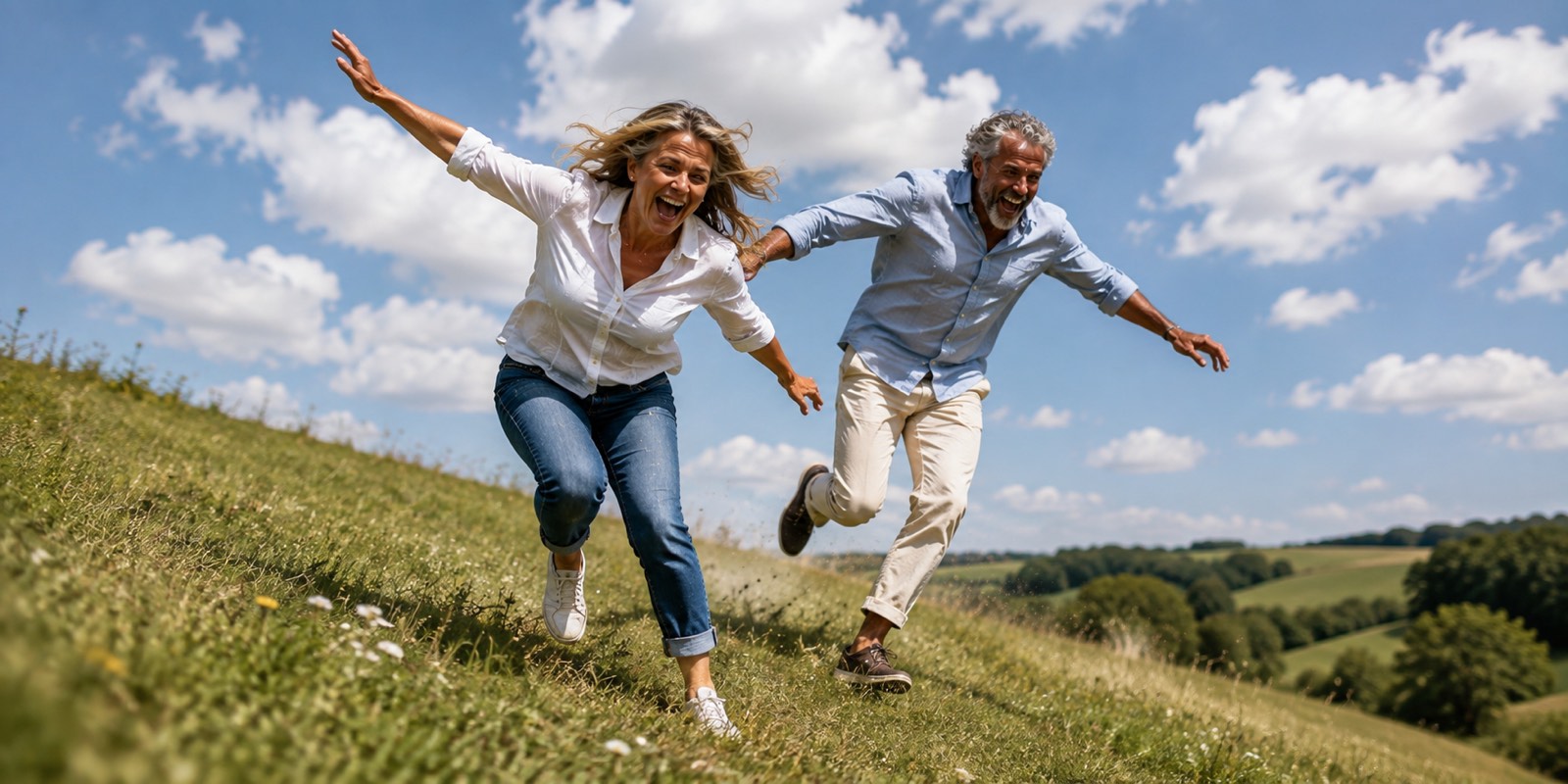 A couple running downhill through long summer grass, laughing.