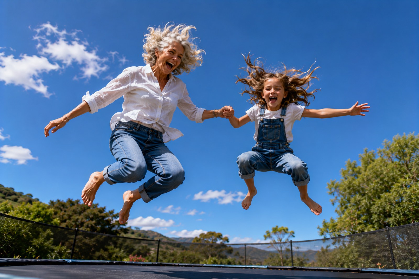 A woman in her sixties and her granddaughter jumping on a trampoline, holding hands.
